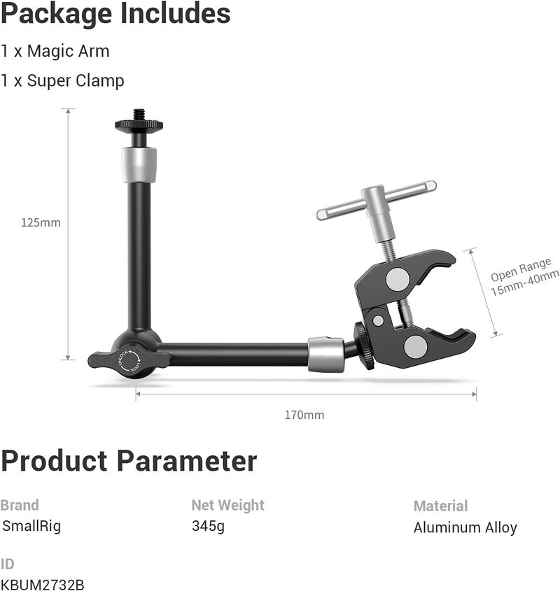 SMALLRIG Clamp w/ 1/4" and 3/8" Thread and 9.8 Inches Adjustable Friction Power Articulating Magic Arm with 1/4" Thread Screw for LCD Monitor/LED Lights - KBUM2732B - Image 3