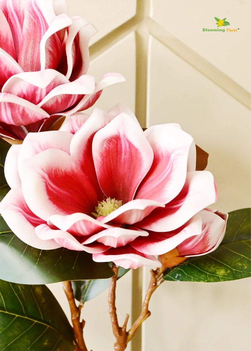 Blooming Floret Realistic Artificial Magnolia Flower Stems – Decorative Faux Flowers with Lifelike Petals and Green Leaves for Home Decor, Wedding Arrangements, and Centerpieces (Red) - Image 2