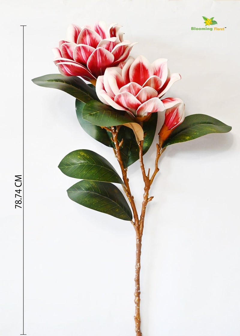 Blooming Floret Realistic Artificial Magnolia Flower Stems – Decorative Faux Flowers with Lifelike Petals and Green Leaves for Home Decor, Wedding Arrangements, and Centerpieces (Red) - Image 3