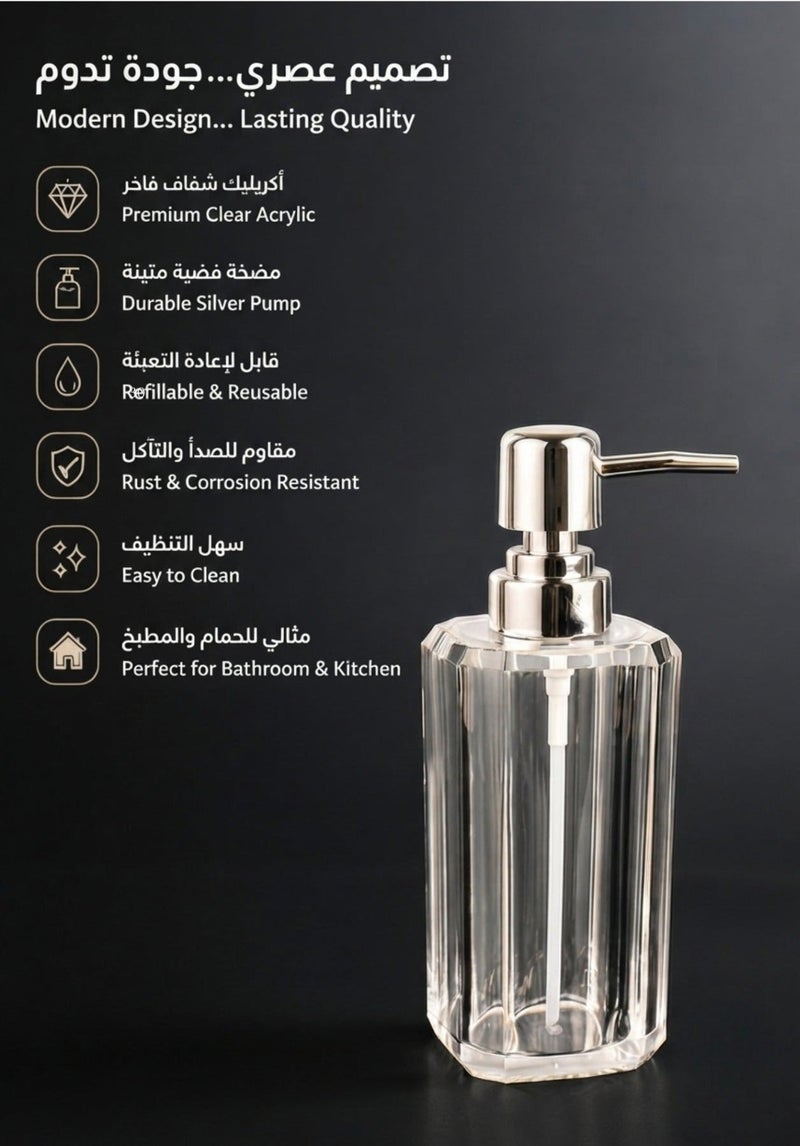 Luxury Clear Acrylic Soap Dispenser with Chrome Pump – Refillable Bathroom & Kitchen Hand Soap Dispenser – Elegant Countertop Lotion Bottle – 180ml - Image 2
