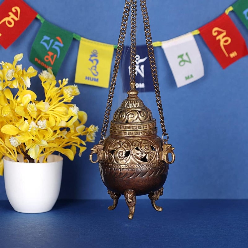 HOOJO حارق البخور النحاسي العتيق المعلق HOOJO® بتشطيب فضي عتيق – دهوپ داني تقليدي مع سلسلة وقاعدة ثلاثية الأرجل للعبادة، معبد المنزل، التأمل والعلاج بالروائح - Image 5
