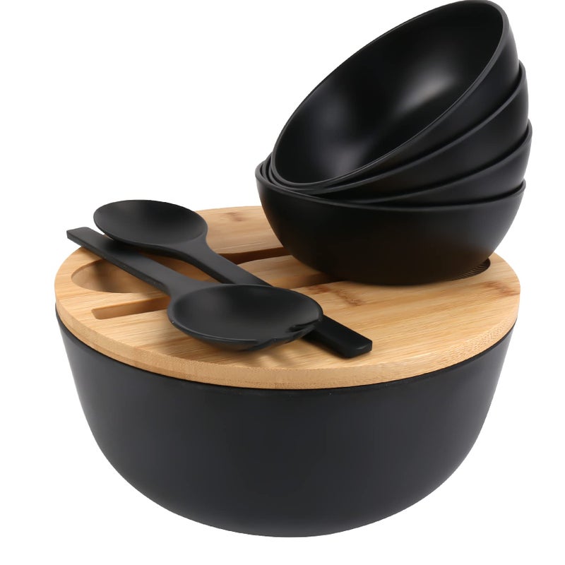 ShineMe Salad Bowls Large Salad Bowl with Lid and Servers Bamboo Salad Bowl Set with 4Pack Small Serving Bowls 98inches Solid Kitchen Bowl for Fruits Vegetables and PastaBlack