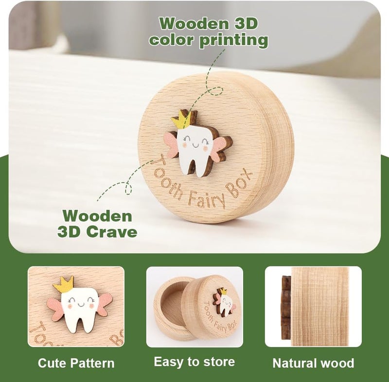 WALLFID Tooth Fairy Box for Lost Teeth For KidsWooden Tooth Box Cute 3D Tooth Storage Box Tooth Keepsake Box with Tooth Fairy CoinGift boxRound coin - Image 3