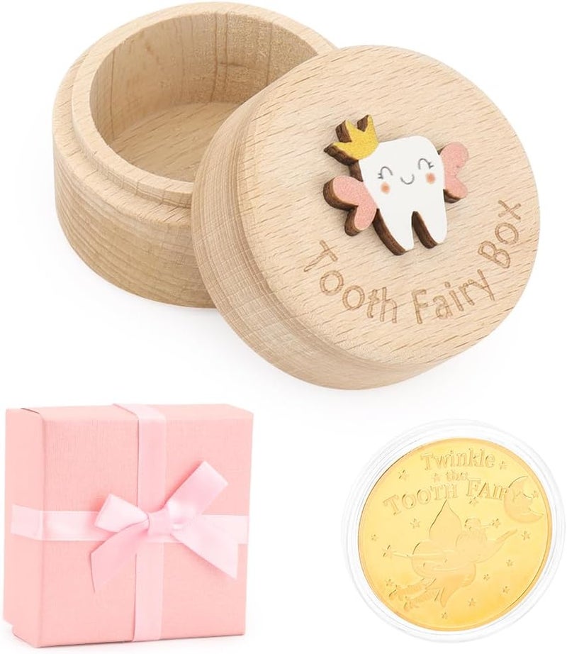 WALLFID Tooth Fairy Box for Lost Teeth For KidsWooden Tooth Box Cute 3D Tooth Storage Box Tooth Keepsake Box with Tooth Fairy CoinGift boxRound coin - Image 1