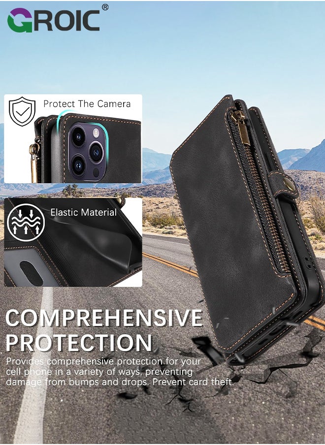 GROIC - Black Wallet Case Compatible for iPhone 15 Pro, Flip Leather Case with Removable Wristlet Strap and 9 Card Holder, RFID Blocking Magnetic Closure Case with Zipper - Image 1