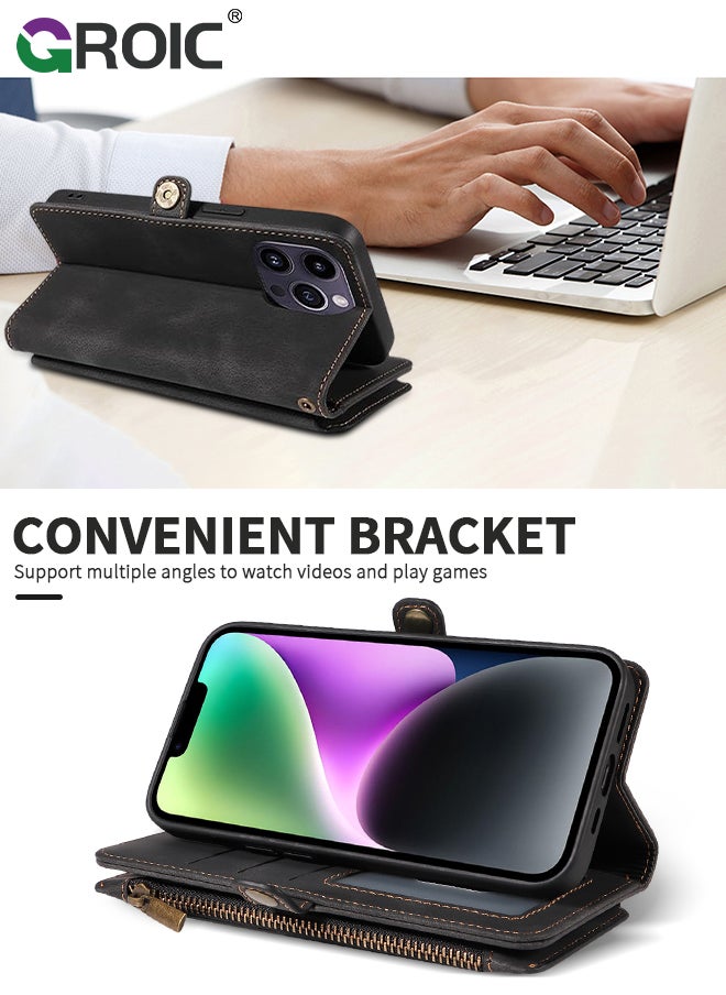 GROIC - Black Wallet Case Compatible for iPhone 15 Pro, Flip Leather Case with Removable Wristlet Strap and 9 Card Holder, RFID Blocking Magnetic Closure Case with Zipper - Image 1