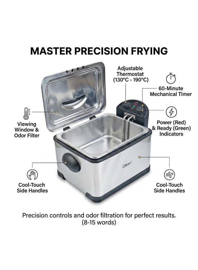Clikon 4L Deep Fryer with Timer | Convenient Deep Frying | Practical Kitchen Appliance | Easy Cooking Control | 2-Year Warranty | CK374 | Silver and Black 4 L 2000 W CK374 Silver and Black - Image 2