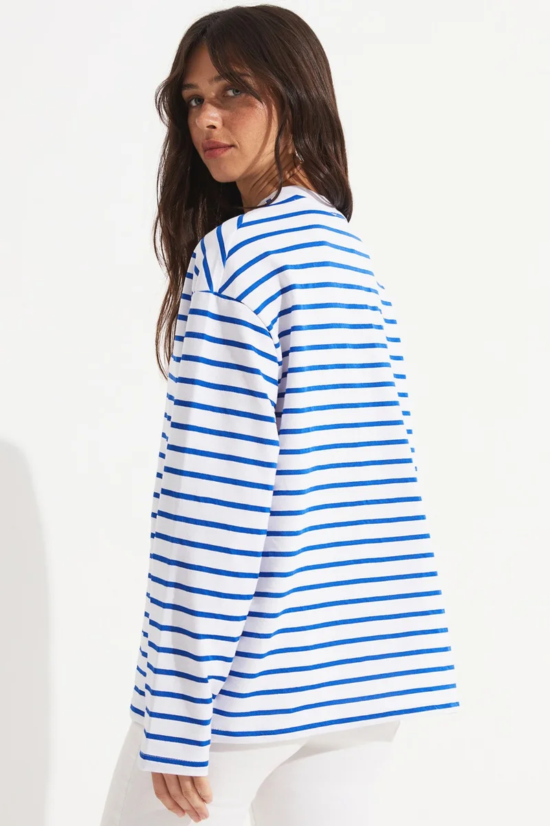 JUNE Crew Neck Striped Long Sleeve Blouse