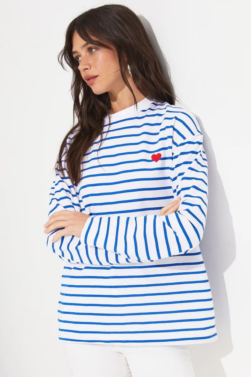 JUNE Crew Neck Striped Long Sleeve Blouse