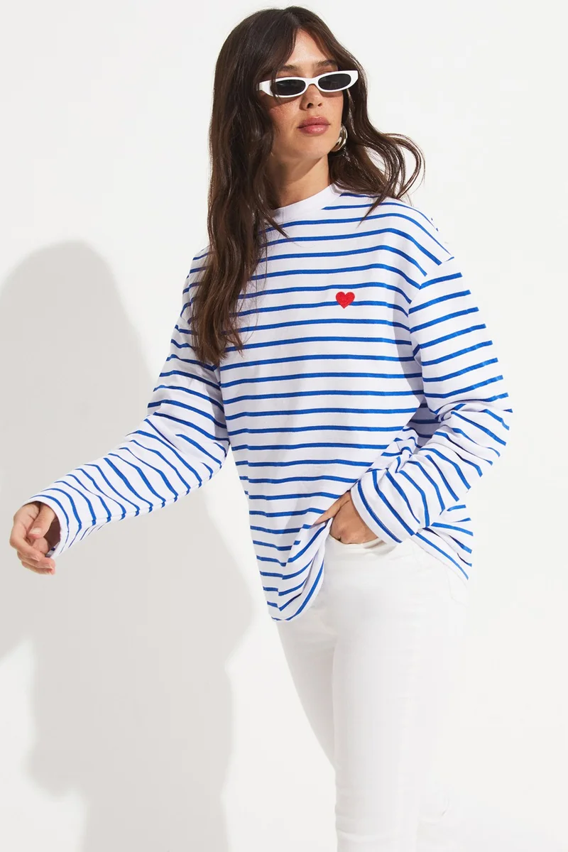 JUNE Crew Neck Striped Long Sleeve Blouse