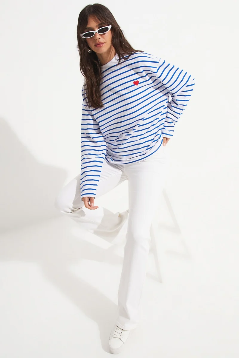 JUNE Crew Neck Striped Long Sleeve Blouse