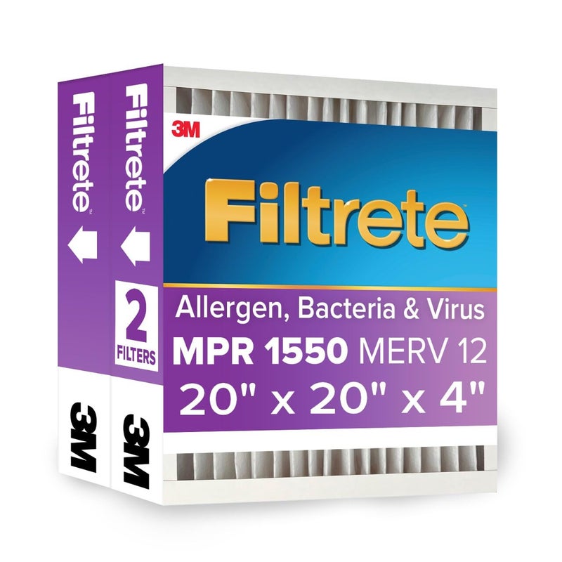 Filtrete 20x20x4 AC Furnace Air Filter, MPR 1550, MERV 12, Fits Honeywell, CERTIFIED Asthma & Allergy Friendly, Electrostatic Air Cleaning Filter, 2-Pack (Actual Size 19.88x19.88x4.31 in) - Image 1