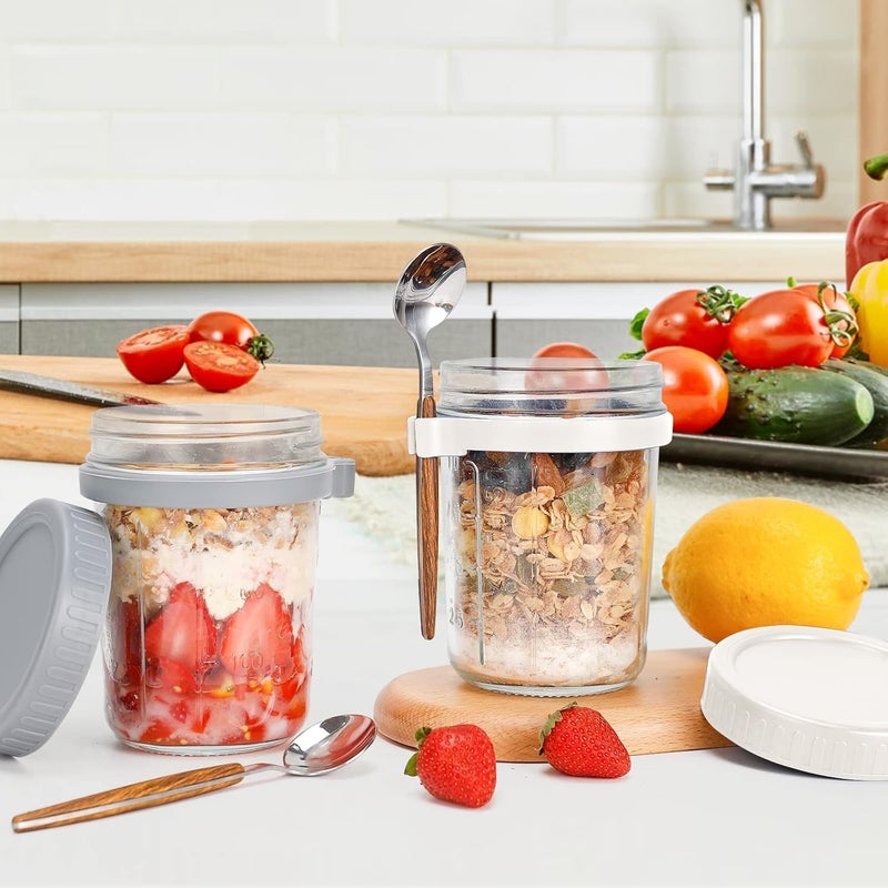 MsAnya 2PCS 350ml Overnight Oats Container with Lid and Spoon, Oats Jars, Breakfast Container, Cereal, Milk and Fruit Salad Storage Container with Measurement Marks - Image 3