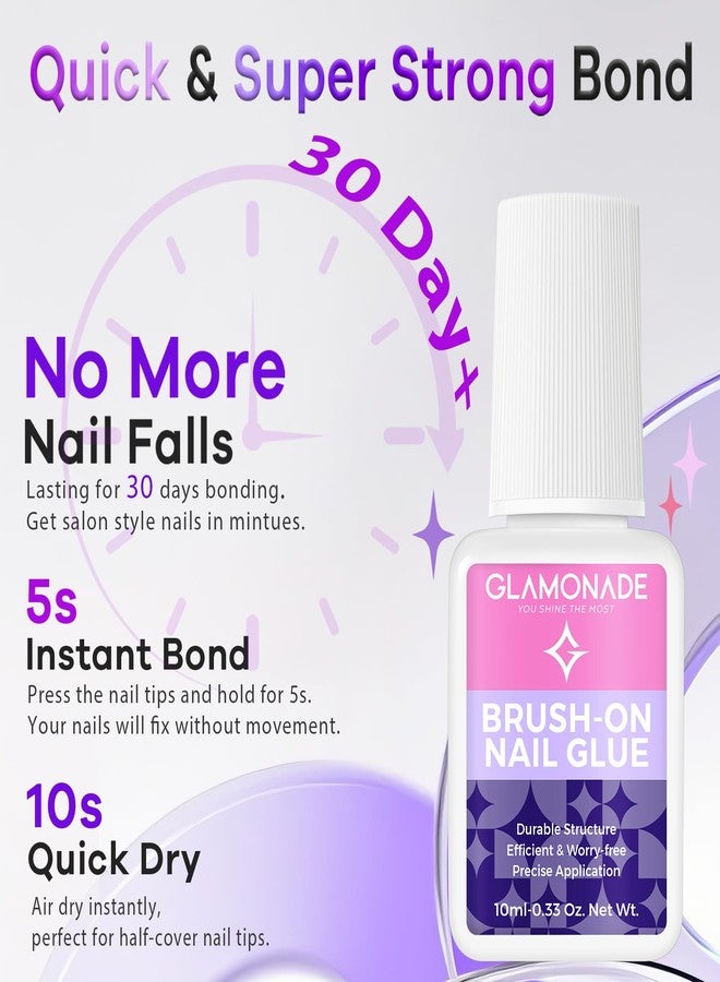 Glamonade Super Strong Brush On Nail Glue: Press on Nails, Acrylic Nails, Fake & False Nail Tips Glue - Mess Free Brush Applicator - Image 2