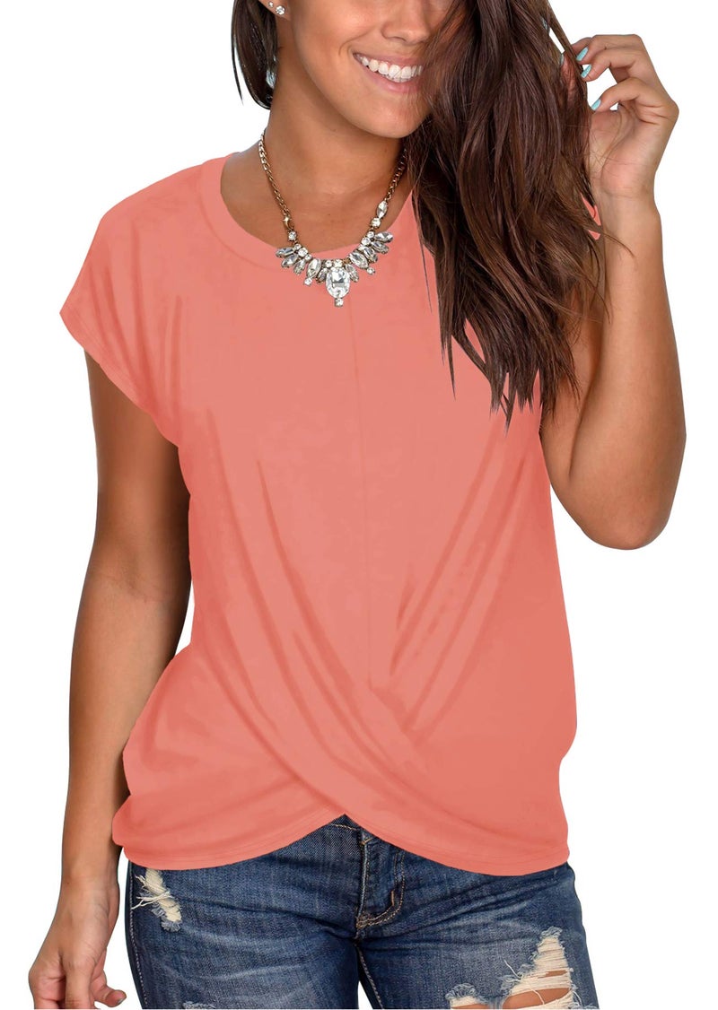 Jescakoo Womens Short Sleeve Crewneck T Shirts Loose Casual Summer Tops Tees Coral XL - Image 4