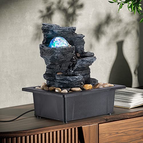 Amootek Tabletop Fountain Rotating Ball Rock Waterfall Fountain Office Includes Many Natural River Rocks Decorated with Colorful Lights, 9.05" L x 6.89" W x 10.23" H - Image 5