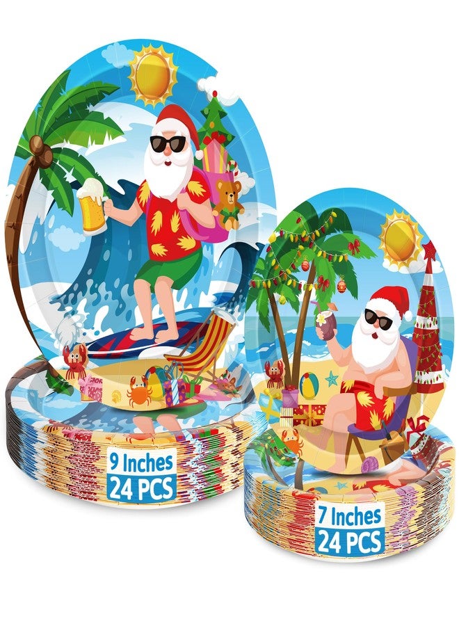 QZYL 48Pcs Christmas in Summer Plates, Disposable 7 Inch and 9 Inch Round Tableware Set, Xmas Tropical Holiday Decorations, Summer Christmas Paper Plates for July Christmas Beach Picnics Party - Image 1