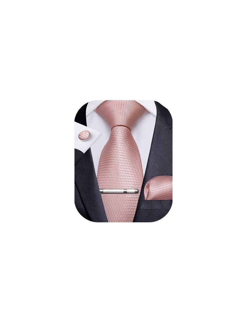 DiBanGu Plaid Ties for Men Silk Checkered Necktie and Pocket Square Cufflinks Tie Clip Set with Gift Box for Wedding Business, Rose Gold - Image 1
