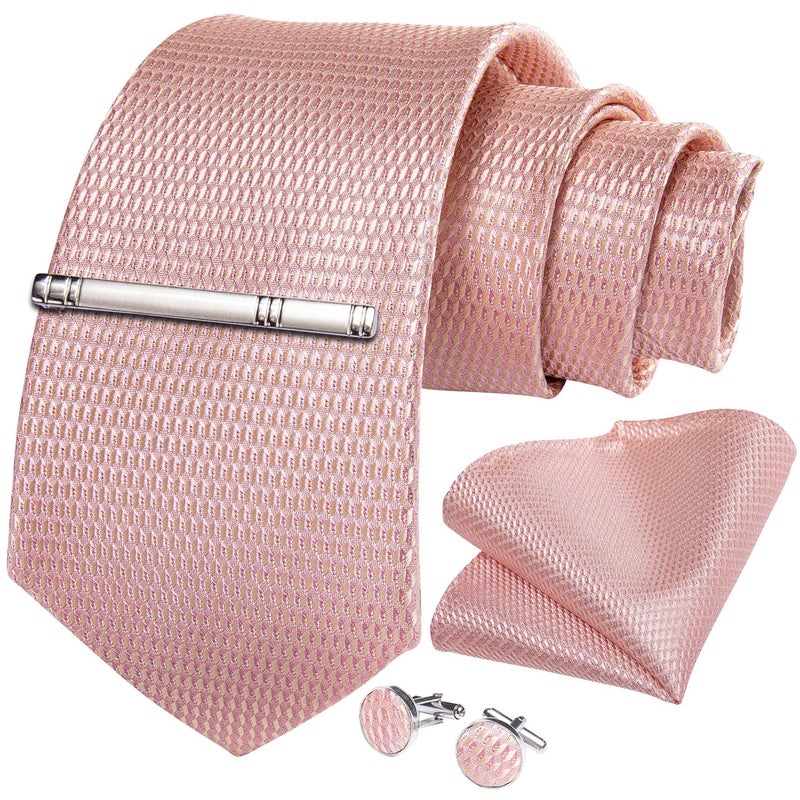 DiBanGu Plaid Ties for Men Silk Checkered Necktie and Pocket Square Cufflinks Tie Clip Set with Gift Box for Wedding Business, Rose Gold - Image 5