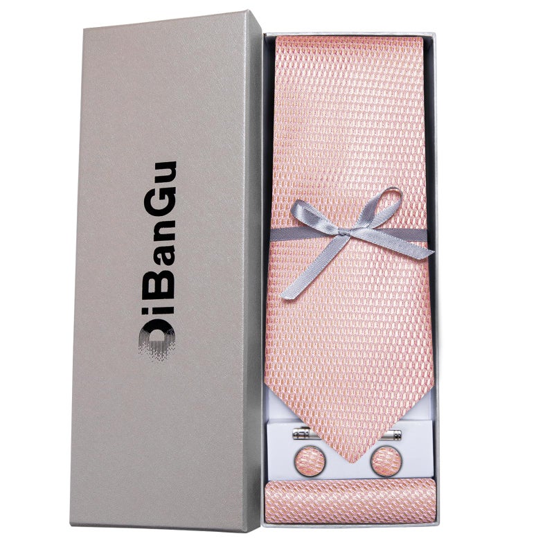 DiBanGu Plaid Ties for Men Silk Checkered Necktie and Pocket Square Cufflinks Tie Clip Set with Gift Box for Wedding Business, Rose Gold - Image 3