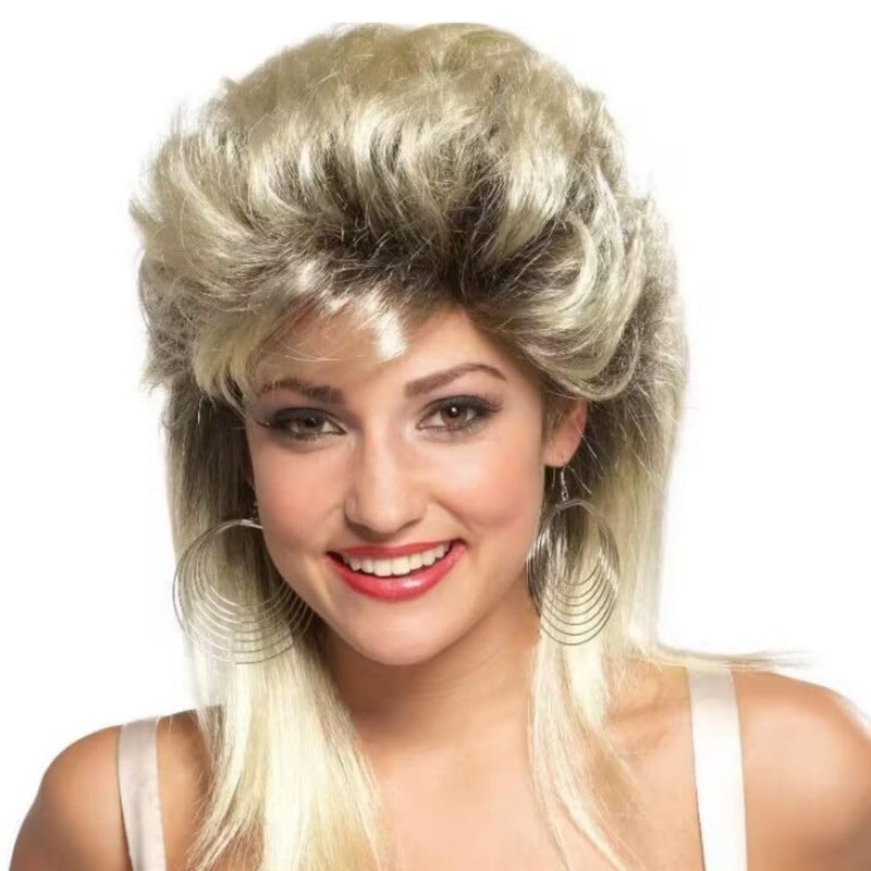 Blonde Mullet Wigs for Women 80s Shoulder Length Disco Fluffy Synthetic Hair Wig with Dark Roots for Cosplay 70s 90s Costume Wig
