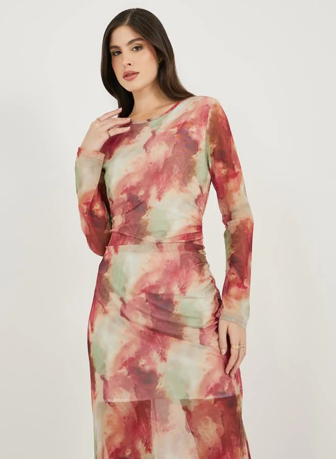 ستايلي Tie and Dye Print Long Sleeves Bodycon Midi Dress