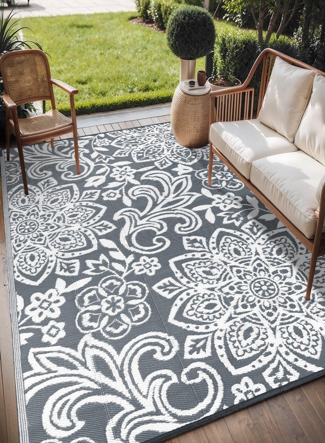 Findosom Waterproof Outdoor Rug 6' x 9' - Reversible Mandala Outdoor Plastic Straw Rug, Durable Foldable Patio Rug for RV, Deck, Balcony, Backyard, Picnic, Porch, Camping, Beach, Gray - Image 1