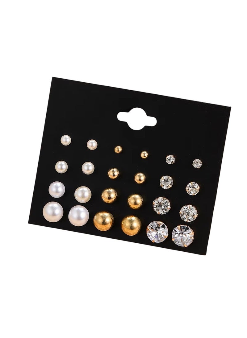 Huitich 12-Pair Pearl & Crystal Stud Earrings Set – Elegant Gold Colour Tone Designs  - Image 1