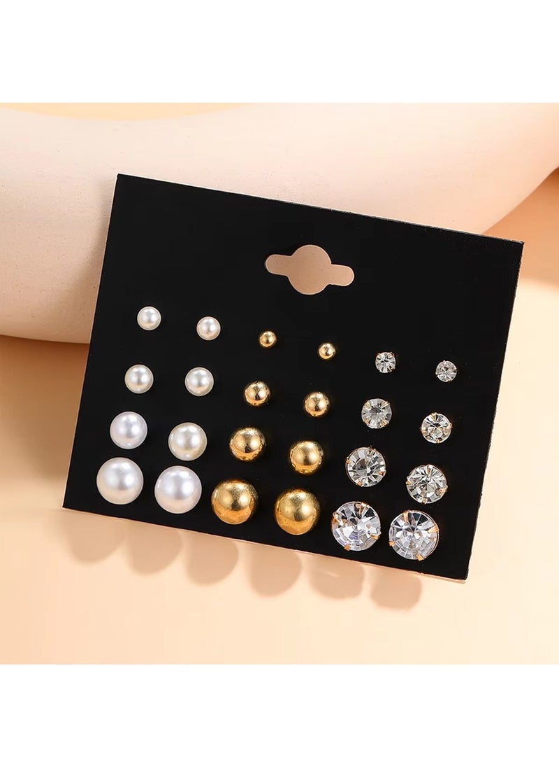 Huitich 12-Pair Pearl & Crystal Stud Earrings Set – Elegant Gold Colour Tone Designs  - Image 2
