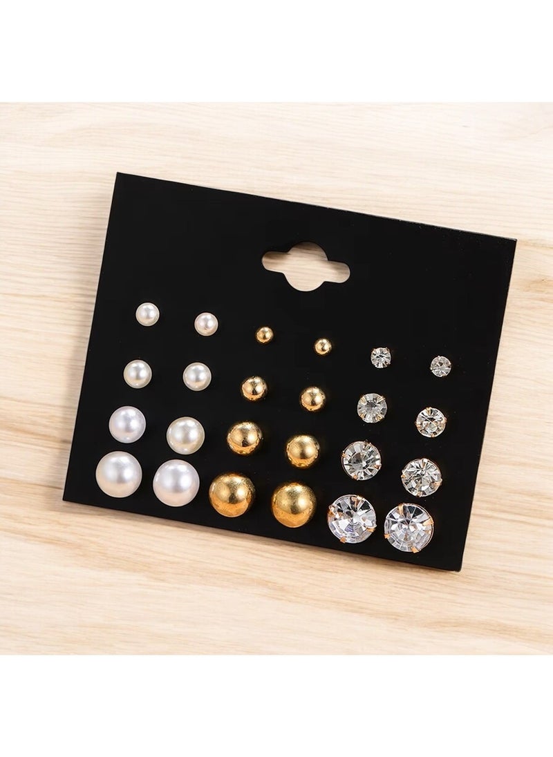 Huitich 12-Pair Pearl & Crystal Stud Earrings Set – Elegant Gold Colour Tone Designs  - Image 3