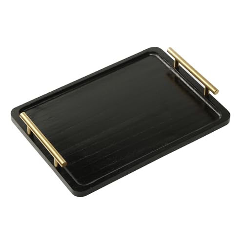PEKER Wooden Serving Tray with Metal Handles, Black Decorative Coffee Table Tray for Breakfast in Bed, Ottoman & Home Décor, Wooden Food Tray for Kitchen, Living Room & Dining Table - Image 1