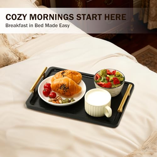 PEKER Wooden Serving Tray with Metal Handles, Black Decorative Coffee Table Tray for Breakfast in Bed, Ottoman & Home Décor, Wooden Food Tray for Kitchen, Living Room & Dining Table - Image 3