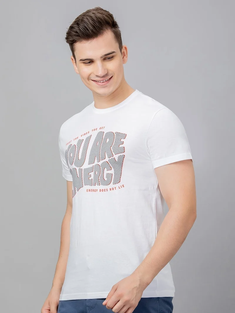 جلو باص تيشيرت رجالي أبيض قطن بطبعة ورقبة دائرية وقصة عادية