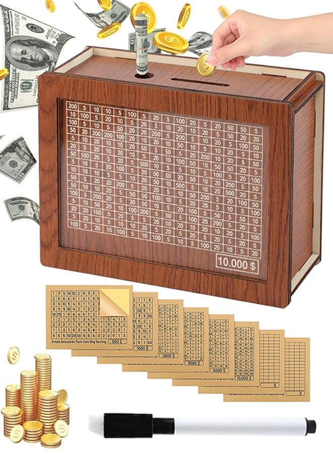 صندوق توفير المال، صندوق تحدي التوفير 10000 للأطفال والكبار، صندوق نقدي خشبي رقمي مع هدف مالي وأرقام (8 بطاقات للمبالغ، قلم مسح جاف) - Image 1