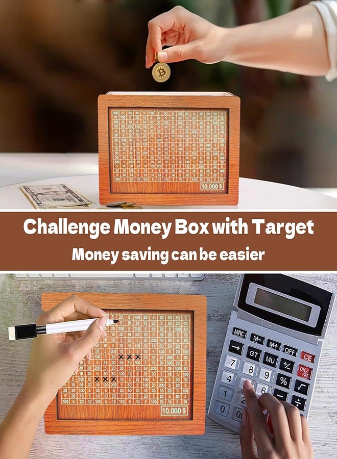 صندوق توفير المال، صندوق تحدي التوفير 10000 للأطفال والكبار، صندوق نقدي خشبي رقمي مع هدف مالي وأرقام (8 بطاقات للمبالغ، قلم مسح جاف) - Image 4