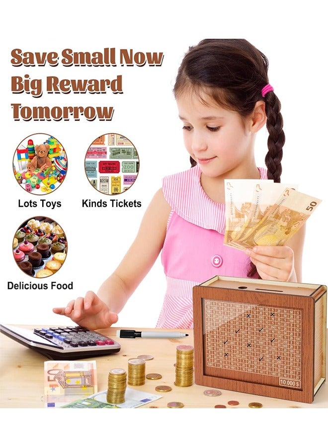 صندوق توفير المال، صندوق تحدي التوفير 10000 للأطفال والكبار، صندوق نقدي خشبي رقمي مع هدف مالي وأرقام (8 بطاقات للمبالغ، قلم مسح جاف) - Image 5