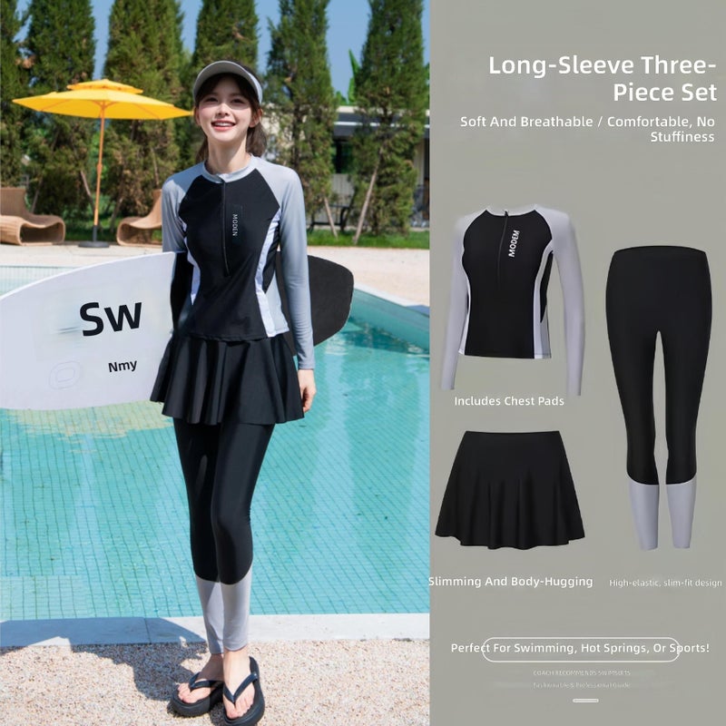 Women's 3-Piece Long Sleeve Long Pants Modest Swimsuit Set UPF 50+ Quick Dry Swimwear for Hot Spring Beach –  Black-Green/Black-Grey - Image 2
