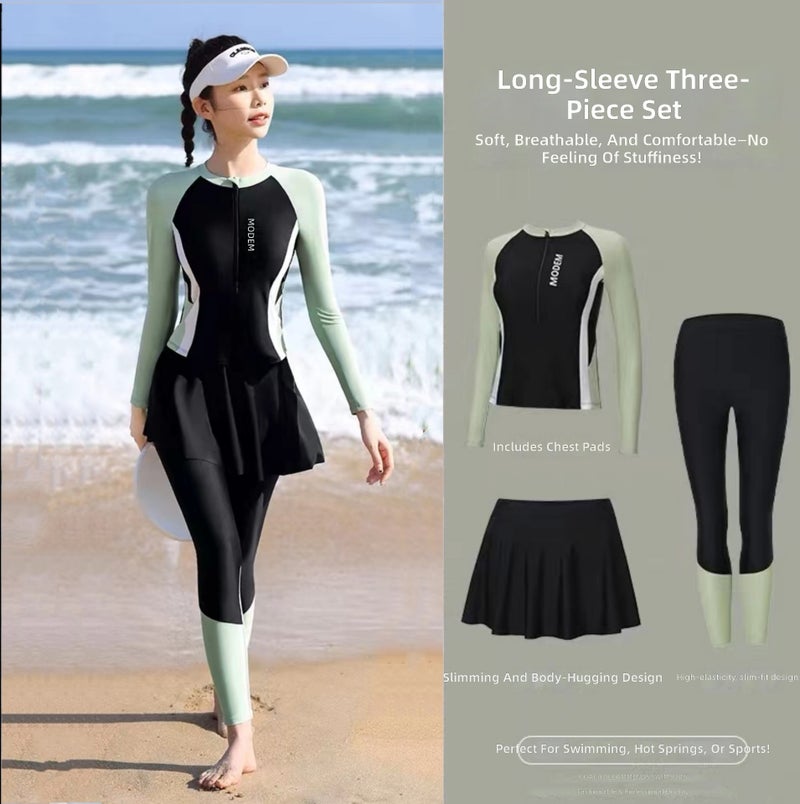 Women's 3-Piece Long Sleeve Long Pants Modest Swimsuit Set UPF 50+ Quick Dry Swimwear for Hot Spring Beach –  Black-Green/Black-Grey - Image 1