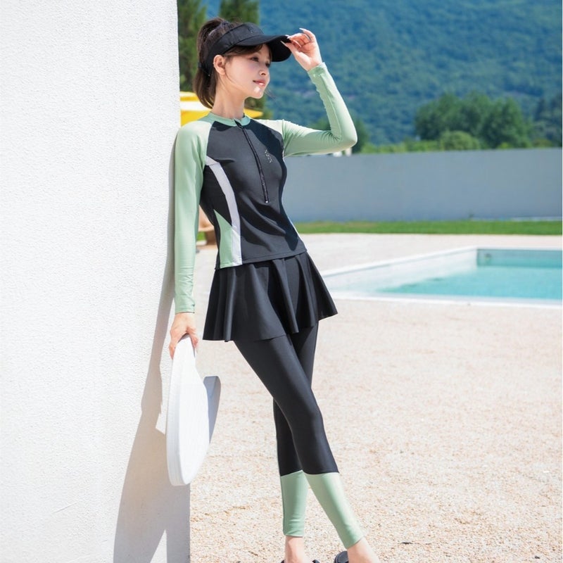 Women's 3-Piece Long Sleeve Long Pants Modest Swimsuit Set UPF 50+ Quick Dry Swimwear for Hot Spring Beach –  Black-Green/Black-Grey - Image 4