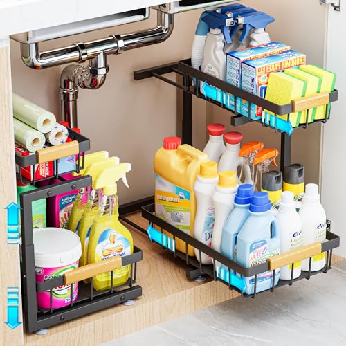 ADBIU Under Sink Organizer 2 Pack 2 Tier Expandable Height 132  172 Pulling Out Kitchen Bathroom Cabinet Organizers