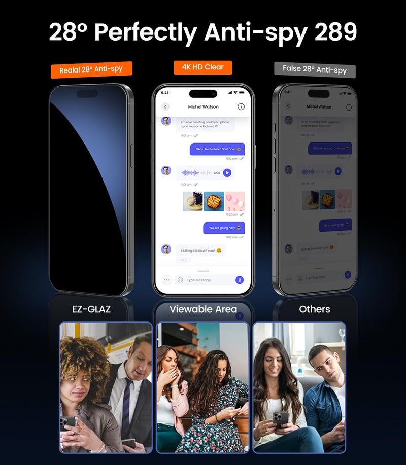 EZ-GLAZ-4 Pack for iPhone 15 Pro Max Privacy Screen Protector[6.7"] 9H+ Hardness 12FT Military Grade Shatterproof Long Durable Tempered Glass Film with Flawless Fit Box,Scratch Resistant - Image 3