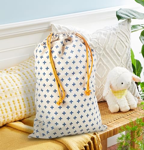 Hallmark 19 Large Canvas Bag with Yellow Drawstring Ivory and Blue for Birthdays Baby Showers Fathers Day - Image 3