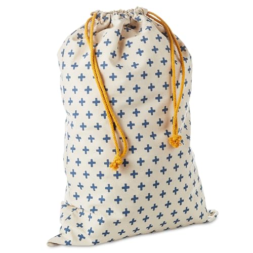 Hallmark 19 Large Canvas Bag with Yellow Drawstring Ivory and Blue for Birthdays Baby Showers Fathers Day - Image 1