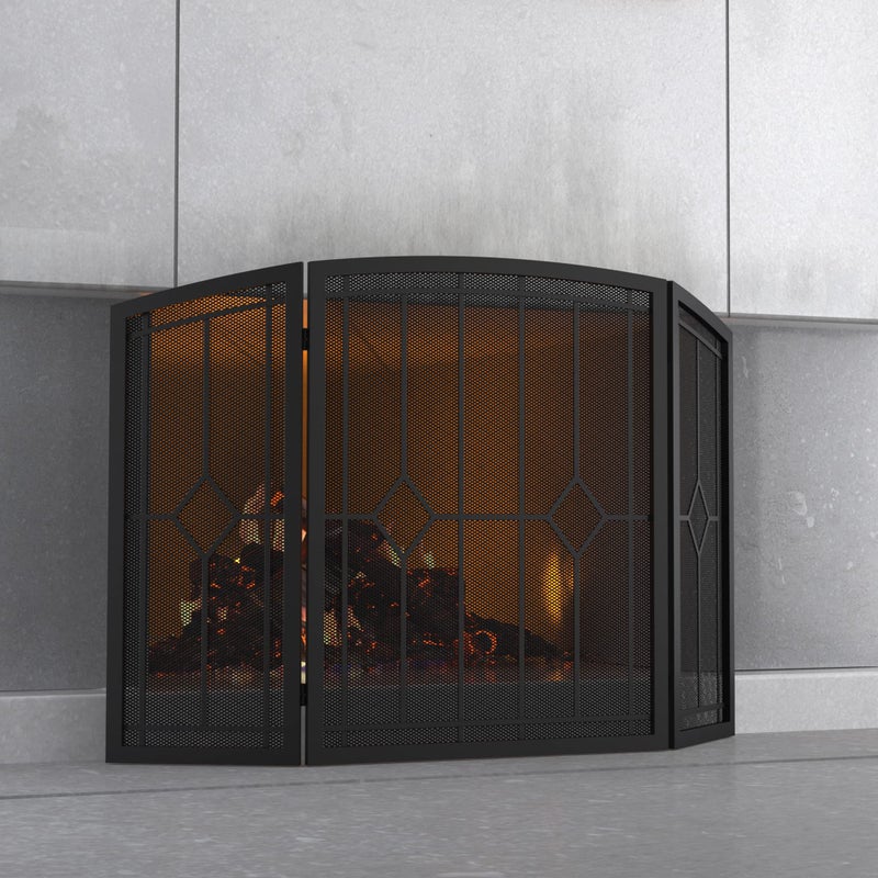 Fire Beauty FireBeauty Fireplace Screen 3 Panel Wrought Iron Black Metal 48L x30H Spark Guard Cover Classic 