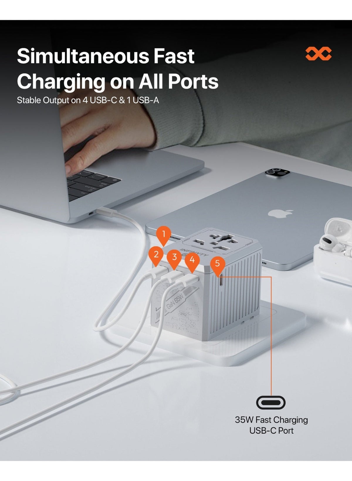 Infinity Atlas 65W Universal Travel Adapter - Silver