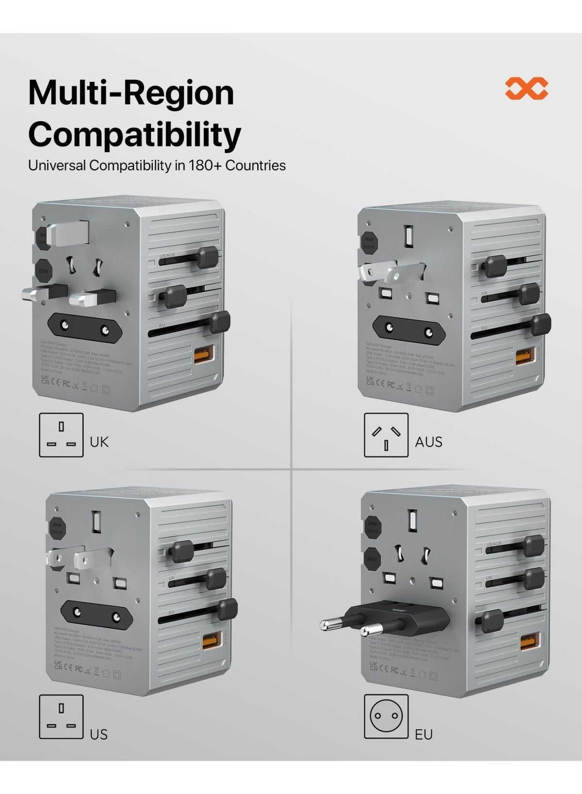 Infinity Atlas 65W Universal Travel Adapter - Silver