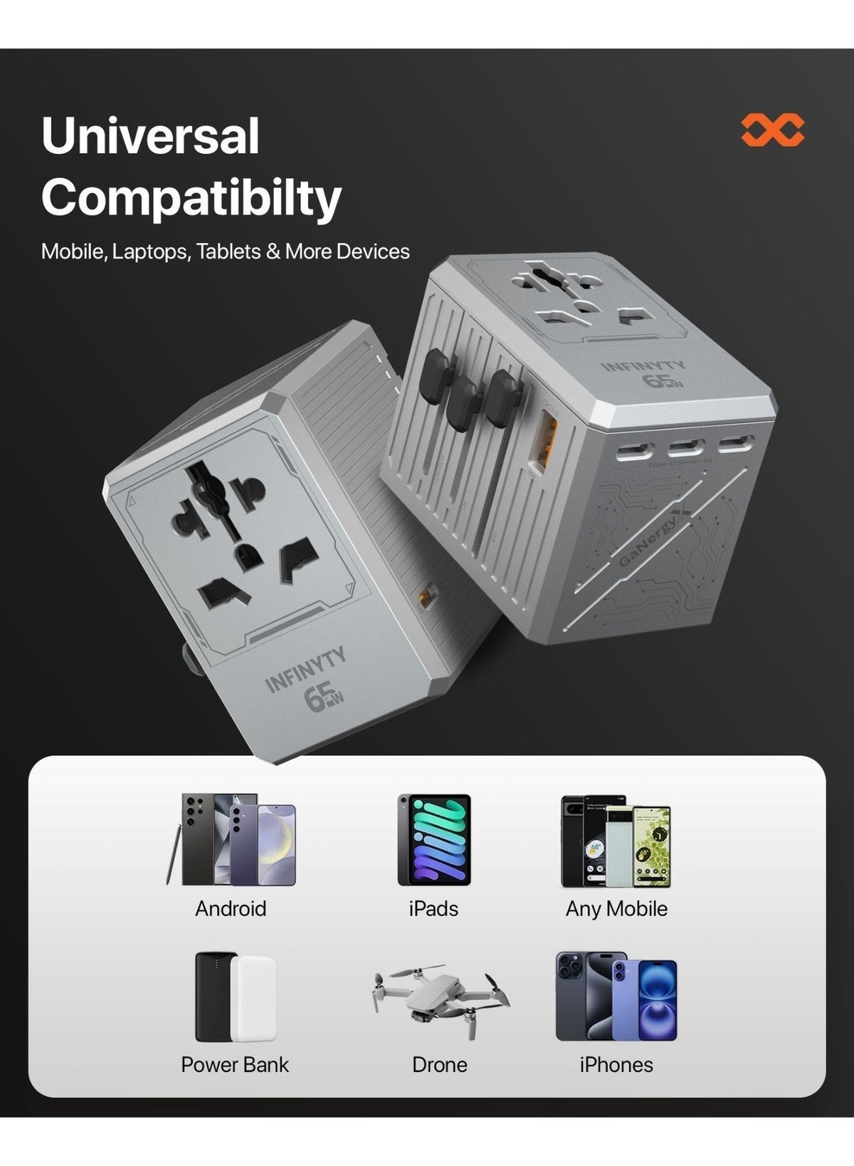 Infinity Atlas 65W Universal Travel Adapter - Silver