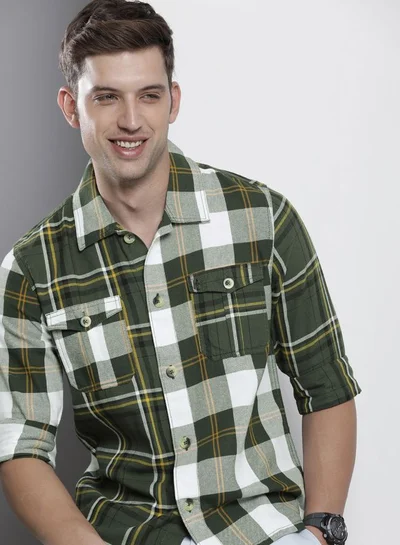 The Indian Garage Co Men Regular Fit Checkered Full Sleeves Convertible Collar Double Flap Pocket Street Wear Over Shirt