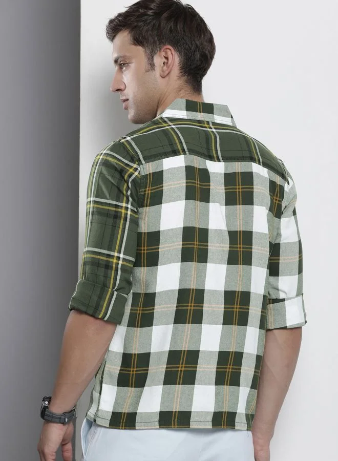 شركة المرآب الهندية Men Regular Fit Checkered Full Sleeves Convertible Collar Double Flap Pocket Street Wear Over Shirt