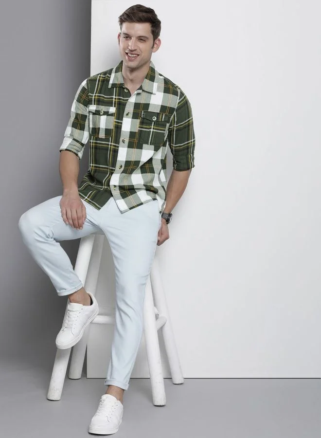 شركة المرآب الهندية Men Regular Fit Checkered Full Sleeves Convertible Collar Double Flap Pocket Street Wear Over Shirt